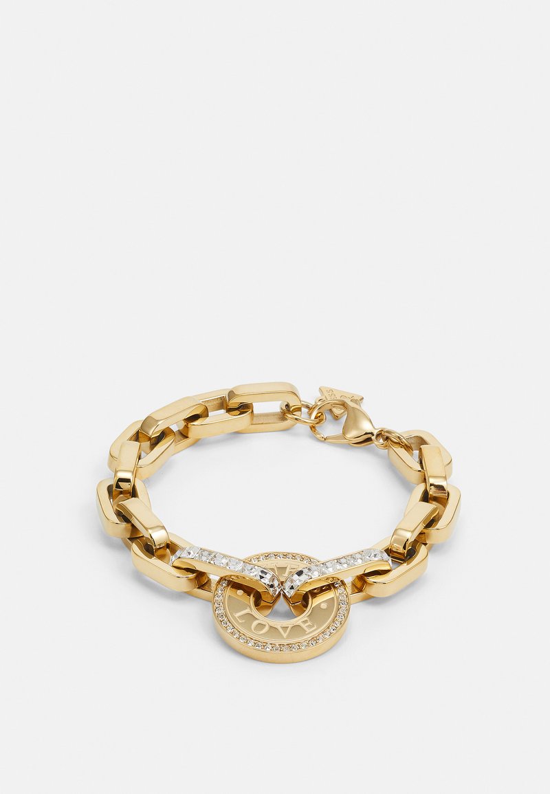 Gold chain bracelet featuring wide links, a circular pendant with "LOVE," and a decorative band with clear crystals. Adjustable clasp closure.