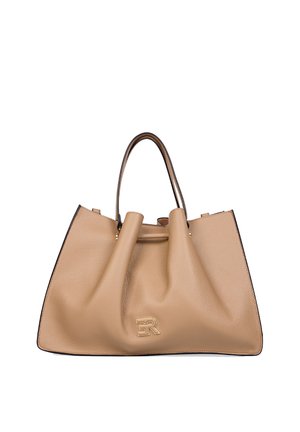 Borsa in pelle color cuoio con doppi manici e un sottile logo "ER" sul davanti, caratterizzata da una struttura morbida e leggermente rugosa.