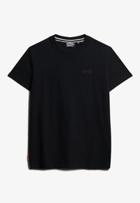 Sort bomulds T-shirt med rund hals, korte ærmer og et lille trykt logo på brystet. Har en stribet detalje ved indersiden af halsudskæringen.