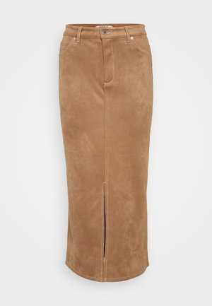 Egy barna, velúr midi szoknya elöl hasítékkal, derékkal, övhurkokkal és finom varrással, amely extra textúrát ad.