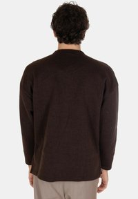Maglione marrone lavorato a maglia con una vestibilità comoda, maniche lunghe e collo rotondo. La trama è morbida, con un sottile motivo verticale.