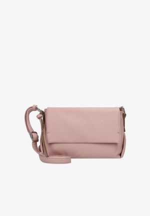 Rosa Leder-Crossbody-Tasche mit strukturierter Oberfläche, Klappenverschluss und verstellbarem Tragegurt. Mit einem dezenten Logo auf der Vorderseite.