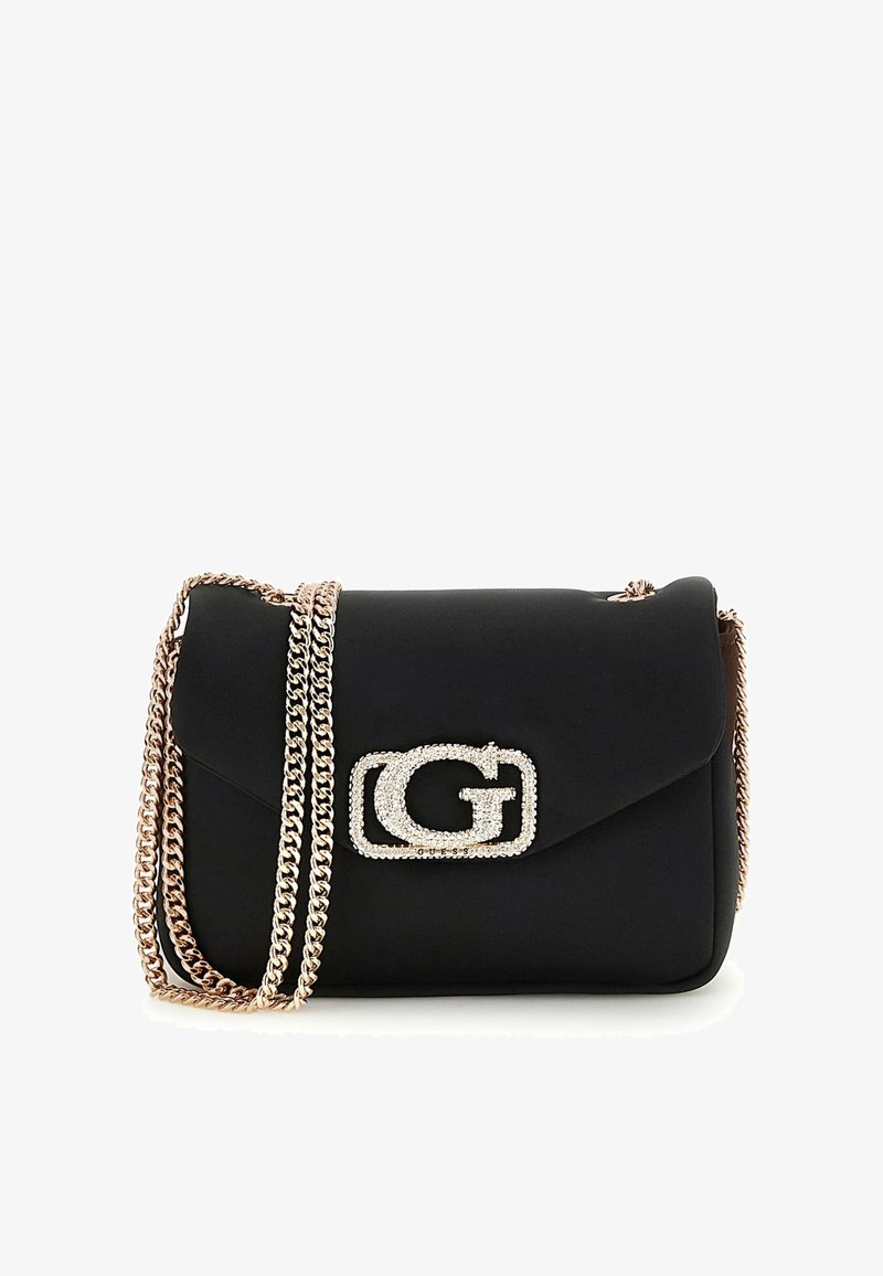 Sort håndtaske lavet af blødt materiale, med en rosaguld kædestrop og et rhinsten-belagte "G" logo på fronten.