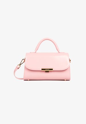 Borsa a tracolla in pelle rosa con un design strutturato, manico superiore, tracolla staccabile e chiusura in tonalità oro. Texture liscia, stile minimalista.