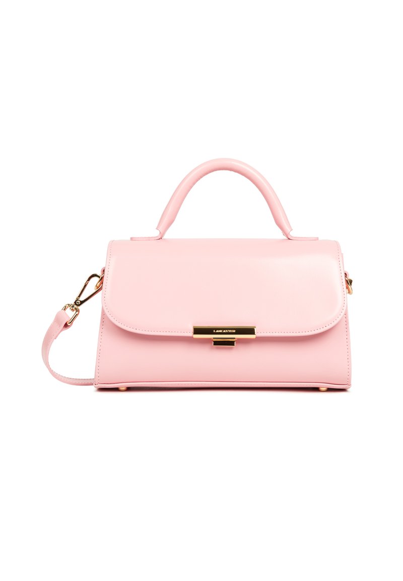 Borsa a tracolla in pelle rosa con un design strutturato, manico superiore, tracolla staccabile e chiusura in tonalità oro. Texture liscia, stile minimalista.