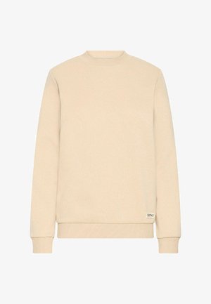 Sweatshirt beige à col rond en mélange de coton doux. Comprend des manches longues, des poignets et un ourlet côtelés, ainsi qu'une petite étiquette logo en bas.