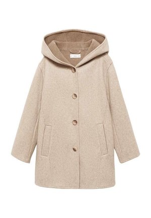 Manteau en laine beige à capuche, avec quatre boutons marron sur le devant et deux poches latérales verticales.
