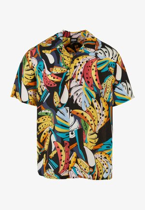 Cămașă cu mânecă scurtă dintr-un material ușor, având un model multicolor de banane și frunze pe un fundal negru.