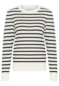 Pull en tricot rayé crème et noir. Il présente un col rond ainsi que des poignets et un ourlet côtelés. Tissu tricoté doux. Manches longues.