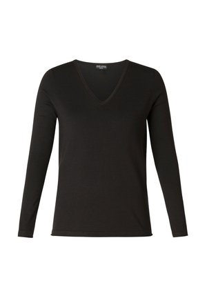 Schwarzes Langarmshirt mit V-Ausschnitt aus weichem Stoff. Verfügt über ein schlichtes Design mit regulärer Passform und ohne sichtbare Muster oder Akzente.