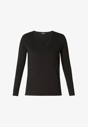 Schwarzes Langarmshirt mit V-Ausschnitt aus weichem Stoff. Verfügt über ein schlichtes Design mit regulärer Passform und ohne sichtbare Muster oder Akzente.
