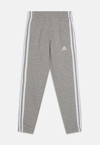 Gray athletic pants made from soft fabric, featuring white side stripes and an elastic waistband with an Adidas logo on the left thigh.