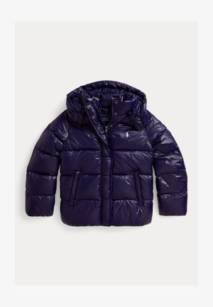 Marineblaue glänzende Steppjacke mit Kapuze, Frontreißverschluss, Druckknöpfen, zwei Seitentaschen und kleinem weißen Pony-Logo auf der Brust.
