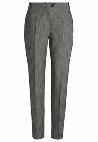 Housut, joissa on tummanharmaa tekstuuri, räätälöity malli ja tasainen etuosa, etutaskut ja yksi nappikiinnitys. Slim fit -tyyliset, suorat lahkeet.