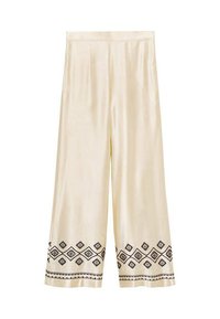 Cream-colored satin wide-leg pants with black embroidered geometric patterns along the hem. Features a smooth texture and tailored silhouette.