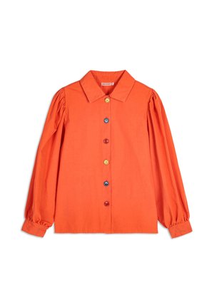 Oranssi puuvillapaita, jossa on kaulus, pitkät puffihihat ja nappisuljenta, jossa on moniväriset napit punaisina, sinisinä, keltaisina ja violetteina.