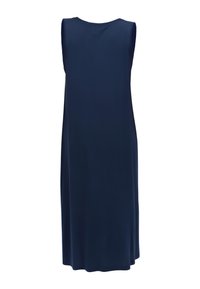 Abito senza maniche blu navy con una vestibilità rilassata, realizzato in tessuto morbido. Ha un colletto rotondo e scende fino al ginocchio con una superficie liscia.
