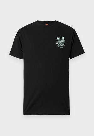 Μαύρο T-shirt με κοντά μανίκια και μικρό φως μπλε κείμενο "Santa Cruz" και γραφικό φοίνικα στο αριστερό στήθος.