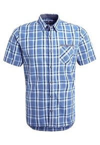 Camicia a maniche corte a quadri nei toni del blu, realizzata in tessuto leggero, con taschino sul davanti e colletto alla francese.