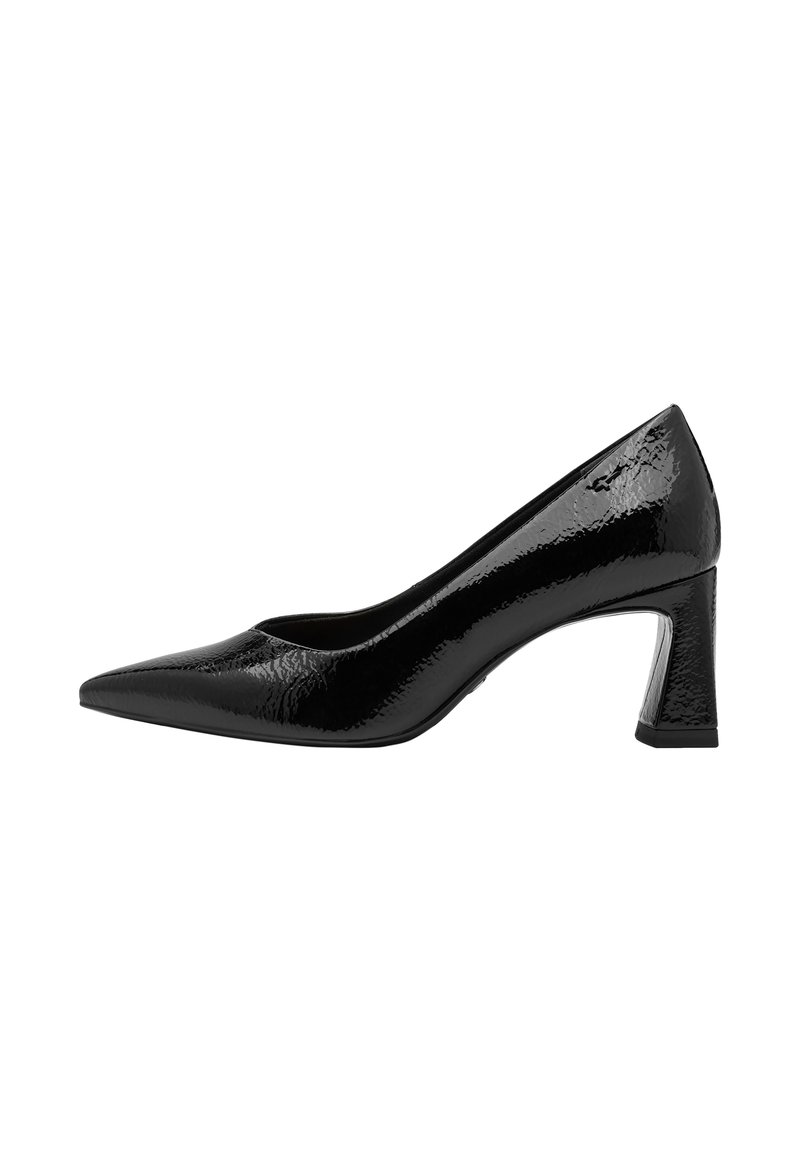 Chaussure à talon femme en cuir verni noir, à bout pointu et talon carré, présentée en profil latéral sur fond blanc.