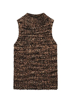 Ärmellose Strickweste aus braun-schwarz meliertem Garn mit hohem geripptem Kragen und geripptem Saum.