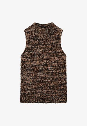 Gilet senza maniche in maglia con filato marrone e nero mélange, con collo alto a costine e orlo a costine.