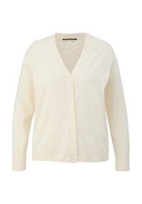 Cremfarbener Cardigan mit V-Ausschnitt, langen Ärmeln und fünf vorderen Knöpfen. Verfügt über gerippte Bündchen und Saum für eine texturierte Optik.