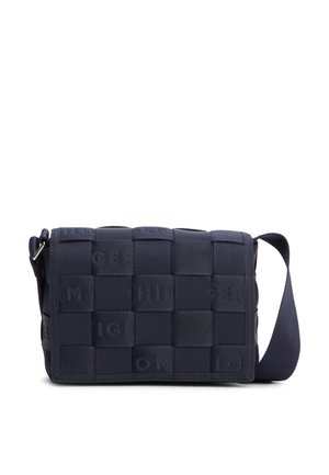 Petit sac bandoulière bleu foncé avec motif carré tissé et sangle ajustable, conçu pour un usage décontracté ou quotidien.