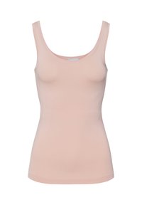 Top senza maniche di colore rosa chiaro realizzato in tessuto liscio e elasticizzato. Presenta un collo a barca e spalline larghe, con una forma aderente.