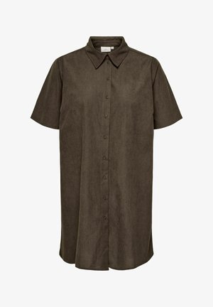 Short-sleeve brown corduroy shirt dress with button-down front and pointed collar, size label visible inside collar.