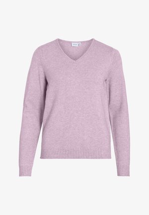 Pull léger en purple, en tricot doux, avec un col en V, des manches longues et des bords-côtes aux ourlets et aux poignets, sans motifs ni embellissements notables.