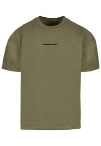 Olive green cotton t-shirt with short sleeves, crew neck, and a black text logo "MJGONZALES™" centered on the chest. Smooth texture.