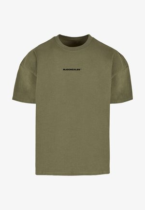 Olivenfarbendes Baumwoll-T-Shirt mit kurzen Ärmeln, Rundhalsausschnitt und einem schwarzen Textlogo "MJGONZALES™", das zentral auf der Brust platziert ist. Angenehme Oberfläche.