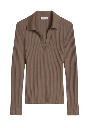 Bruine geribbelde trui met lange mouwen, open kraag en V-hals, slim fit, gemaakt van zachte stof, Marc O’Polo label aan de binnenkant van de kraag.