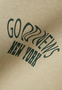 Beiger Stoff mit strukturierter Oberfläche, auf der grüner stilisierter Text zu sehen ist: "GO" oben und "NEWS NEW YORK" darunter in Fettdruck, wobei verschiedene Schriftstile zur Schau gestellt werden.