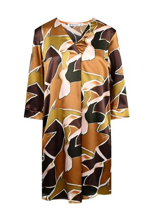 Braunes und goldenes Kurzarmkleid aus Satin, das ein abstraktes Muster mit geometrischen Formen und einem V-Ausschnitt-Design aufweist.