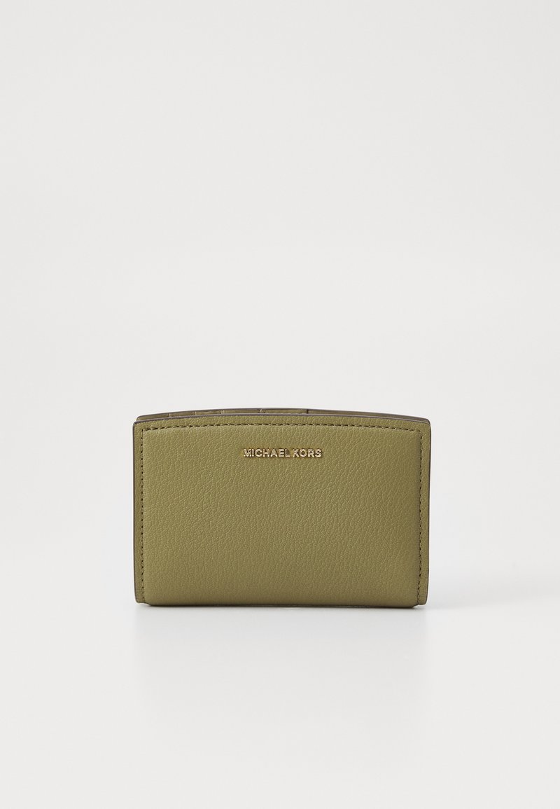 Olive green leather wallet with a smooth texture, featuring a gold "MICHAEL KORS" logo on the front and a minimalist design.