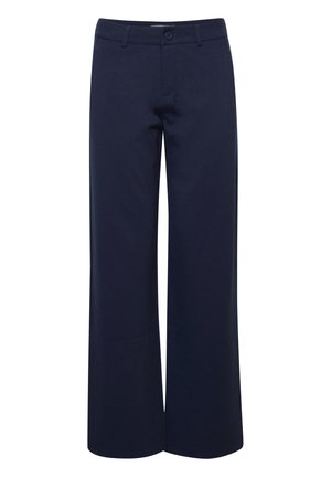 Marineblaue weit geschnittene Hosen mit glatter Textur, einem Knopfverschluss vorne und Gürtelschlaufen. Die Hosen zeichnen sich durch ein maßgeschneidertes Design für eine strukturierte Passform aus.