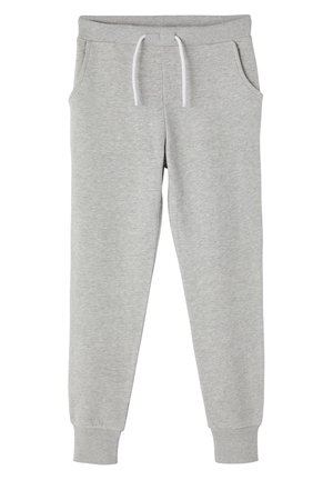 Graue Jogginghose aus weichem Stoff, mit elastischem Bund und Kordelzug, Seitentaschen und Bündchen an den Knöcheln.