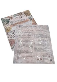 Il packaging del clip per succhietto presenta un design floreale con colori tenui. Sul retro sono incluse le istruzioni per la cura e le avvertenze di sicurezza in più lingue.