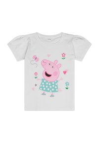 Weißes T-Shirt mit kurzen Ärmeln, das einen pinken Charakter mit rundem Gesicht, gepunktetem Kleid und floralen Akzenten in Pink und Grün zeigt.