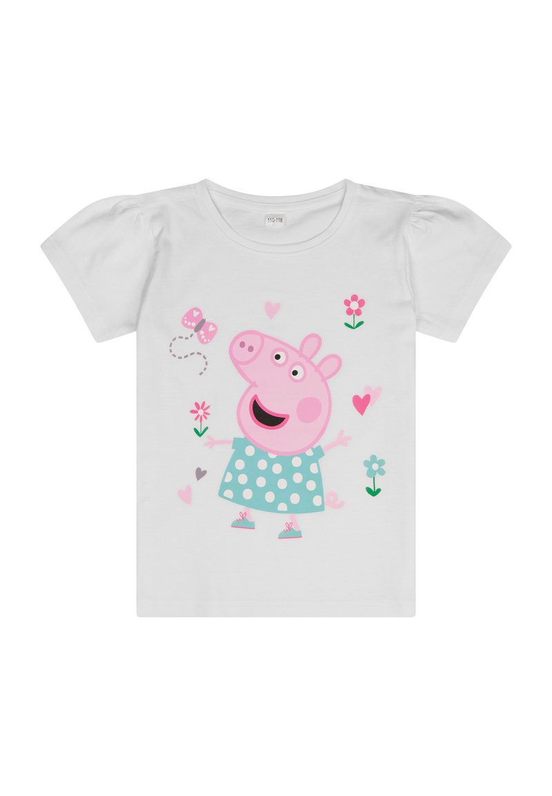 Weißes T-Shirt mit kurzen Ärmeln, das einen pinken Charakter mit rundem Gesicht, gepunktetem Kleid und floralen Akzenten in Pink und Grün zeigt.