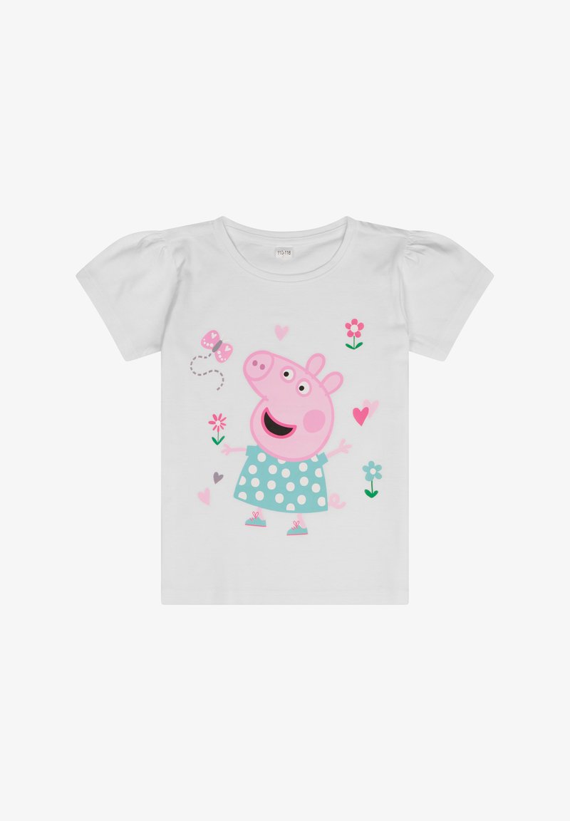 Weißes T-Shirt mit kurzen Ärmeln, das einen pinken Charakter mit rundem Gesicht, gepunktetem Kleid und floralen Akzenten in Pink und Grün zeigt.
