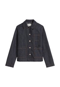 Dark denim jacket with a pointed collar, front button closure, and two large patch pockets. Features contrasting orange stitching.