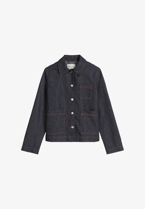 Dark denim jacket with a pointed collar, front button closure, and two large patch pockets. Features contrasting orange stitching.