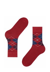 Calzini rossi con un motivo a diamante in rosso scuro, blu e bianco, con una parte superiore uniforme e una finitura morbida e testurizzata.