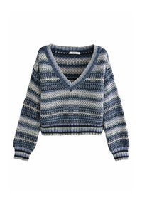 Pull en crochet avec un décolleté en V profond, des manches longues et un design cropped. Rayures alternées bleu et beige ; tissu texturé.