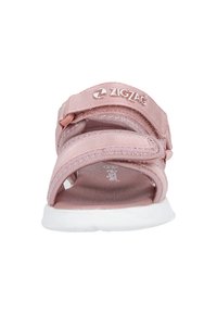 Helle rosa Sandale mit Stoffriemen, Klettverschlüssen und einer strukturierten Fußbett. Ausgestattet mit einer weißen Gummisohle und "ZigZag"-Branding.