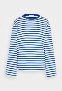 Långärmad randig skjorta med horisontella blå och vita ränder, rund hals och avslappnad passform i mjukt bomullstyg.