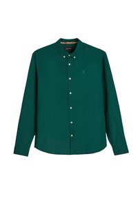 Zielona koszula z długim rękawem, z kołnierzykiem, z pojedynczym logotypem na piersi w pasującym kolorze, wykonana z bawełny o gładkiej fakturze.